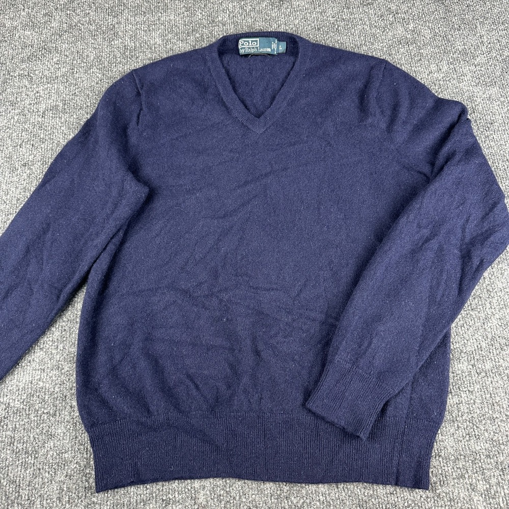 Polo Ralph Lauren Sweater Mens Large Navy Blue Cashmere V Neck Italian Yarn